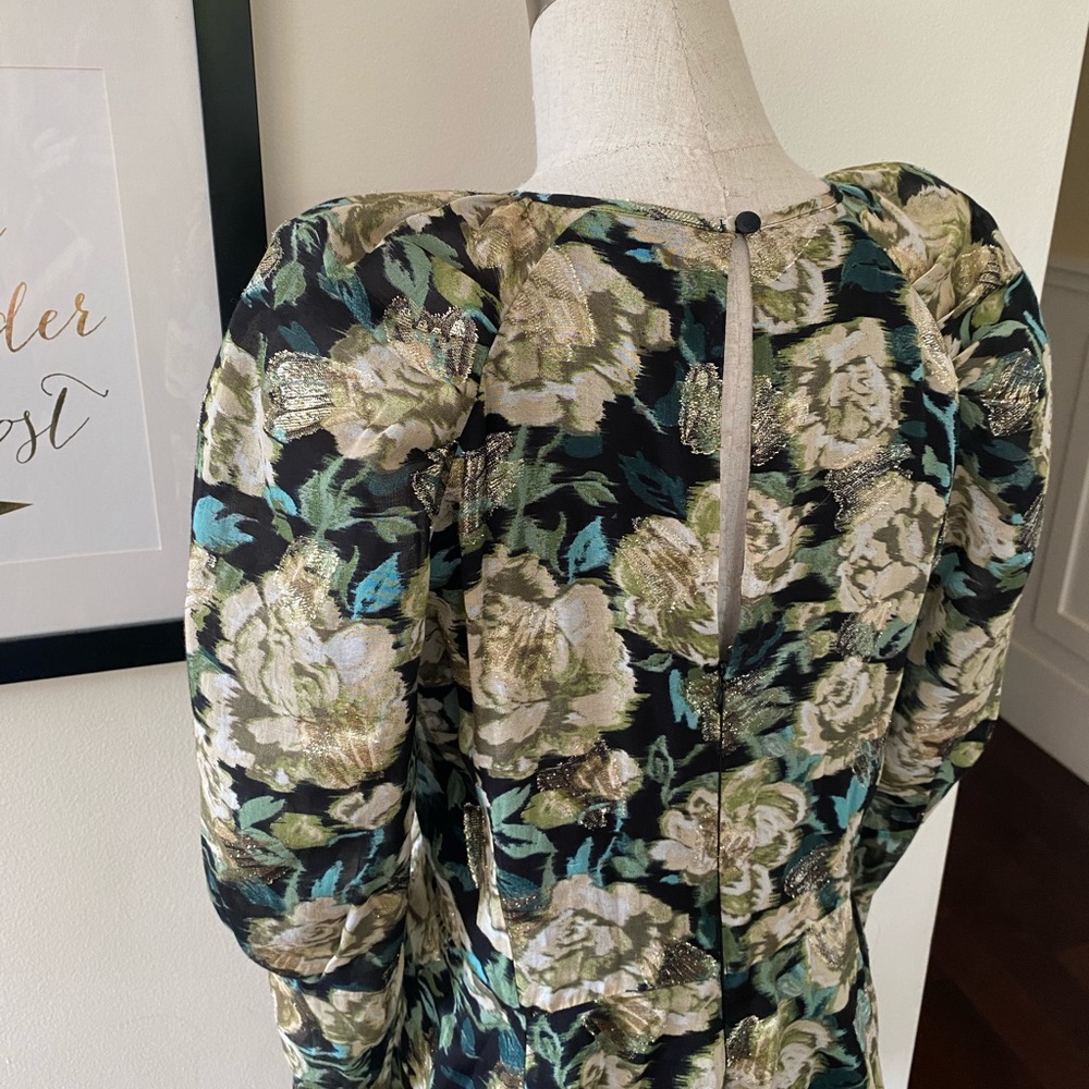 H&M Teal/Blk/Metallic Floral Brocade L/S Mini Dress with Puff Sleeves/Sz 10/EUC! - Picture 7 of 11